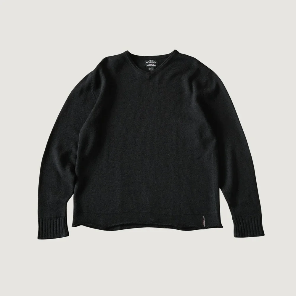 Ralph Lauren Polo Jeans Co Sweater Black V-Neck Wool Minimalist XL Pullover Knit